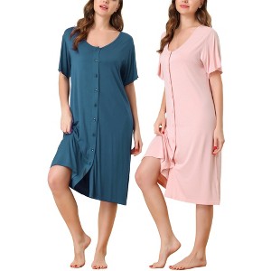 cheibear Women's Short Sleeve Button Down Midi Pajama Dress 2 Packs - 1 of 4