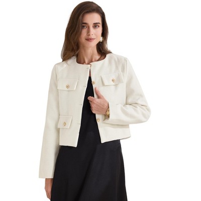 INSPIRE CHIC Women's Cropped Tweed Long Sleeve Button Down Fall Winter Work Business Blazer