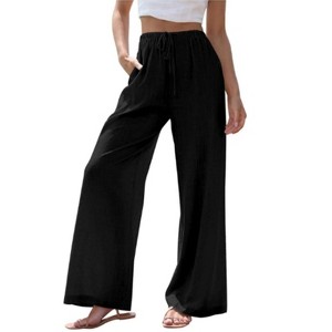 Coolmee Womens Wide Leg Pants Linen Drawstring Elastic Waist Flowy Casual Baggy Palazzo Trousers with Pocket - 1 of 4