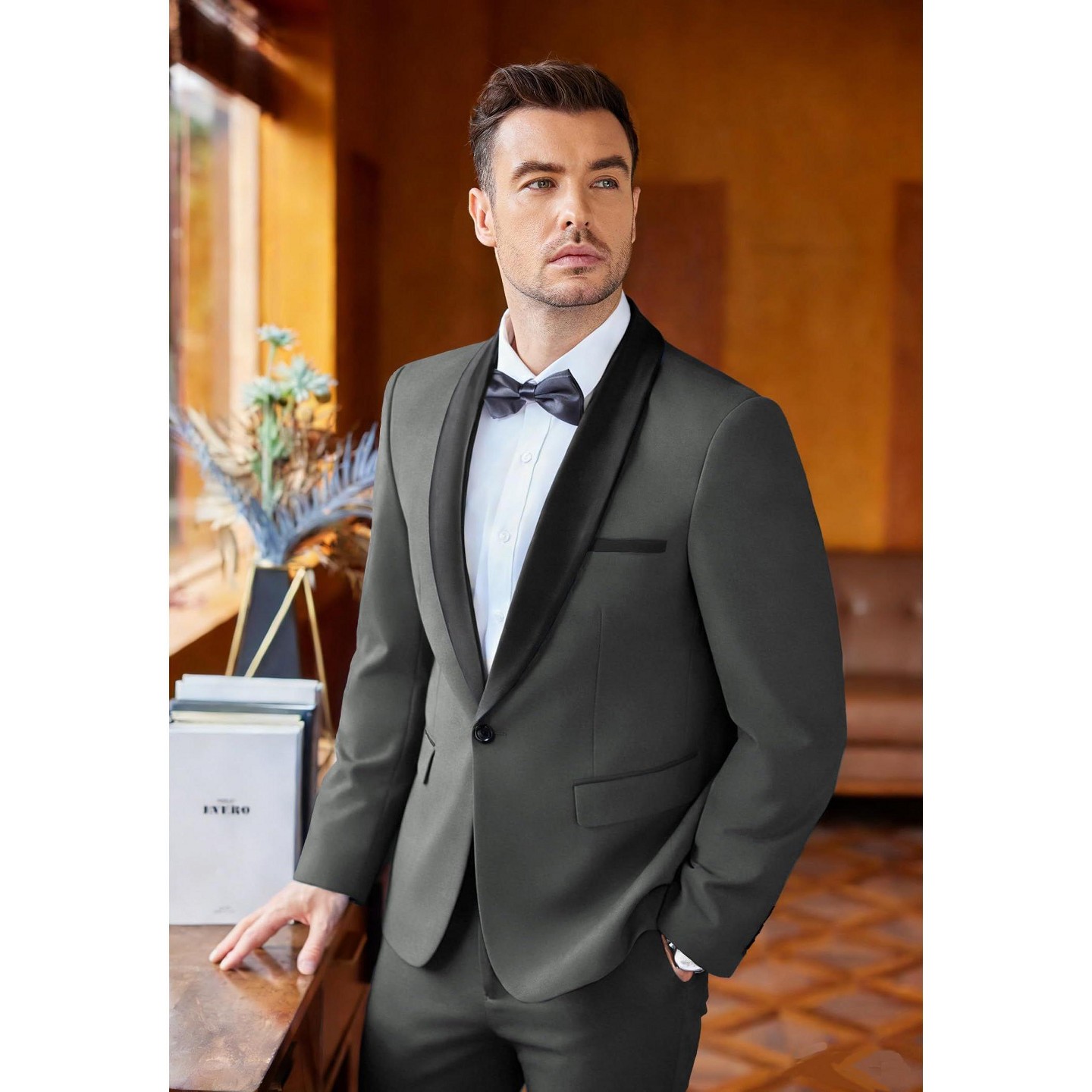 Мужские комплекты COOFANDY Tuxedo Suit Set Slim Fit 2 Piece Suit Shawl Lapel Formal Prom Party Suits for Men Dark Grey, цвет: Тёмный серый — фото 2