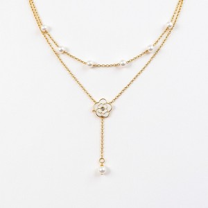 Anna-Kaci Layered Chain Necklace with Delicate Pearl Accents and Open Petal Floral Pendant Featuring a Droplet Charm Detail - Gold - 1 of 4