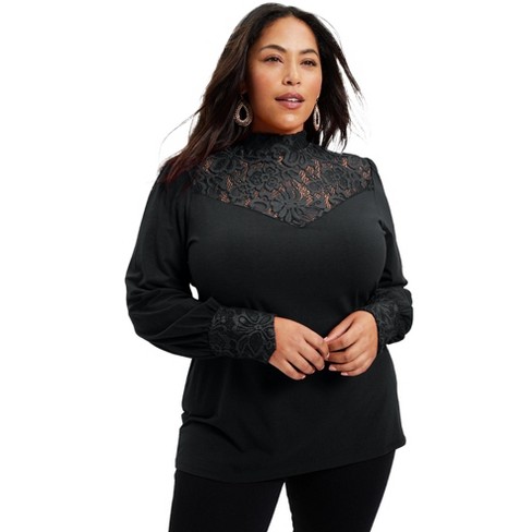 June + Vie by Roaman's Women’s Plus Size Lace Yoke Mockneck Top, 18/20 -  Black