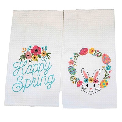 Decorative Towel 27.0" Happy Spring/Wreath Towel Easter Eggs Bunny Flowers  -  Kitchen Towel