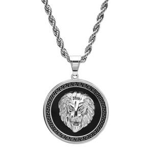 Steeltime Men's  stainless steel simulated diamond lion head on greek key mount pendant necklace. Color Options: Gold, Silver - 1 of 4