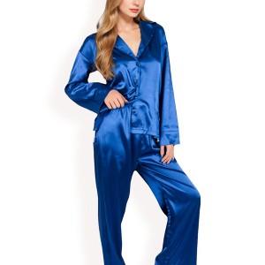 Anna-Kaci Lounge Women's Satin 2-Piece Pajama Set with Long Sleeve Button-Up Shirt and Relaxed Fit Wide-Leg Pants - 1 of 4