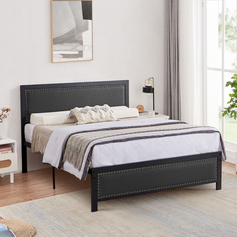 VECELO Metal Bed Frame with Linen Upholstered Headboard, Platform Bed with 12.6 in. Under Bed Storage and Nailhead, 1 of 6