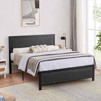 VECELO Metal Bed Frame with Linen Upholstered Headboard, Platform Bed with 12.6 in. Under Bed Storage and Nailhead