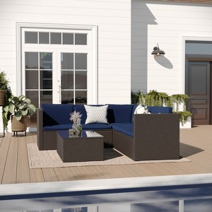 Merrick Lane All Weather PE Rattan Sectional Sofa with Coffee Table and Included Cushions - 1 of 4