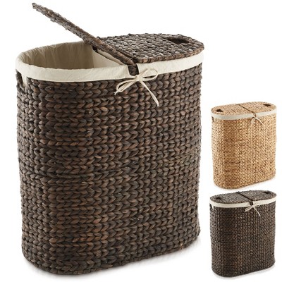Casafield Oval Laundry Hamper with Lids and Removable Liner Bags, Woven Water Hyacinth 2-Section Laundry Basket for Clothes and Towels