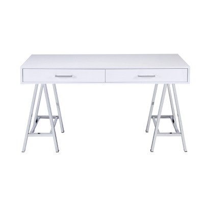 Modern White Wood Desk with Chrome Sawhorse Legs and Dual Drawers