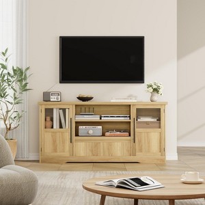 Retro TV Stand for 75 Inch TVs, Wave Pattern Media Console with 2 Glass Door Cabinets & Open Shelves, Entertainment Center for Living Room - 1 of 4