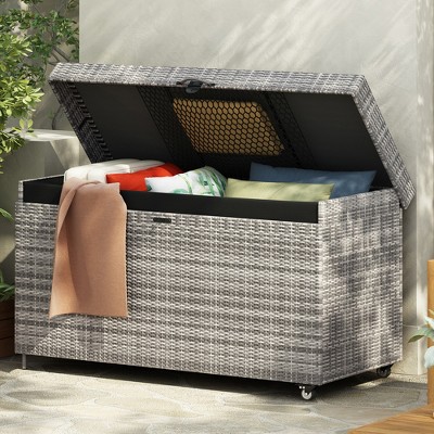 200 Gallon Outdoor Storage Deck Box, Wicker Patio Storage Box with Wheels, Flip Top Rattan Storage Bin for Cushion Garden Tool Pool Supplies