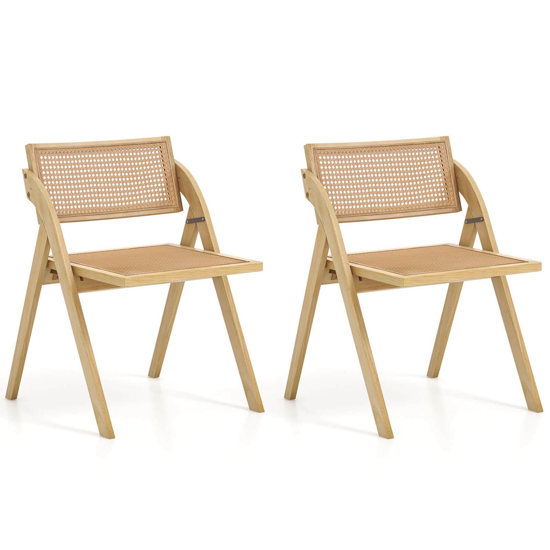 Costway Foldable Dining Chairs Set of 2 with Woven Rattan Backrest & Seat Rubber Wood Frame Natural