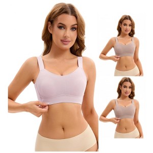 INSPIRE CHIC 3 Pcs Women's Push Up V Neck Full Coverage Wirefree Adjustable Straps Minimizer Bras 2 Light Brown 1 Dark Purple X-Large - 1 of 4