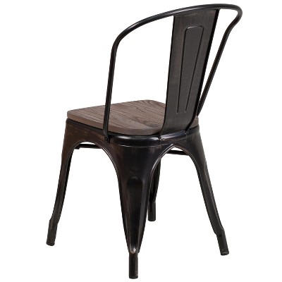 Rustic Black-Antique Gold Metal Stackable Side Chair with Wood Seat