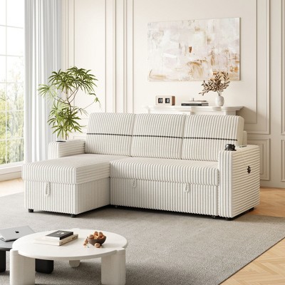85-Inch Corduroy Sofa Bed: 3-Seater Sleeper with Storage Chaise, Square Handrails, Dual Cup-Holders & USB Ports, Ideal Pull-Out Couch for Living Rooms