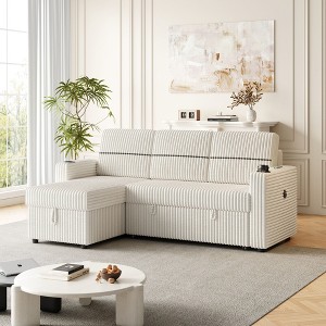 85-Inch Corduroy Sofa Bed: 3-Seater Sleeper with Storage Chaise, Square Handrails, Dual Cup-Holders & USB Ports, Ideal Pull-Out Couch for Living Rooms - 1 of 4