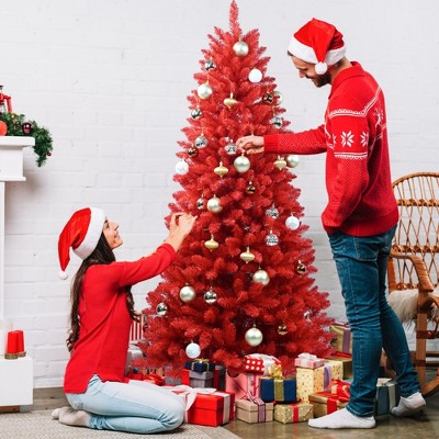 NAYSAYE Christmas Tree Stand 7FT Red Tree with Full PVC Branches and Stable Base for Christmas Decorations, Red, 40"*84"*17.16"