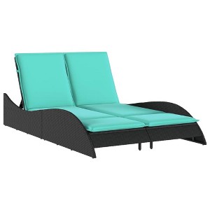 vidaXL Sun Lounger - Black Poly Rattan, Blue Cushions, Adjustable, Garden/Patio Outdoor Chaise daybed, 3-Position backrest, Removable Covers - 1 of 4