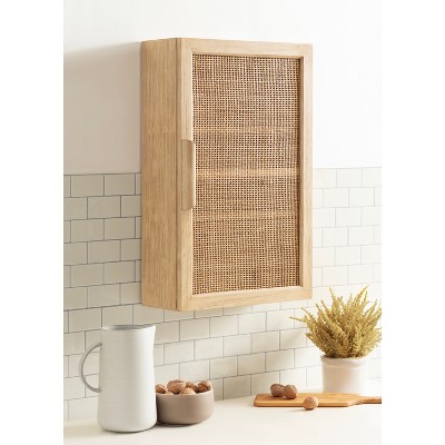 Natural Rattan and Wood Wall Cabinet with Shelves