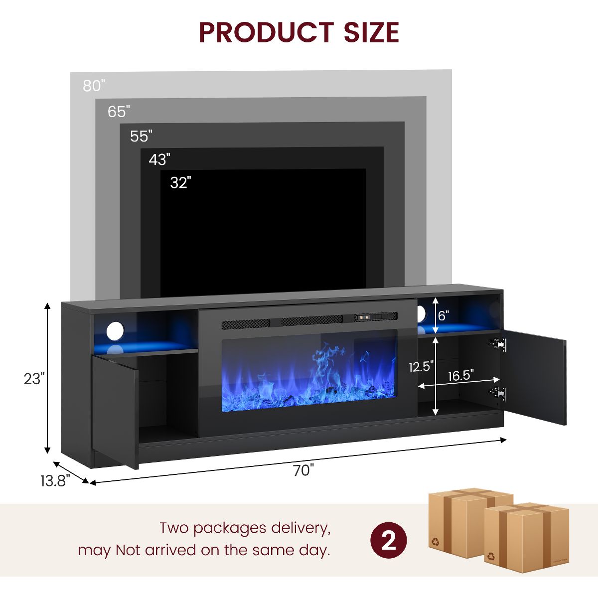 Modern 70" Electric Fireplace TV Stand, 36" Heater, 12 LED Flames, 2‑Tier Entertainment Center, Fits 80" TV, Black Glossy Media Console with Storage - thumbnail 8