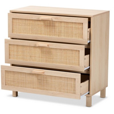 Sebille Light Brown Wood and Rattan 3-Drawer Chest