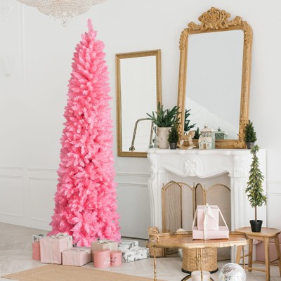Christmas Tree Artificial Pencil Christmas Tree Pink Hinged Unlit Christmas Pine Tree Slim Tall Shape for Indoor Holiday Decor Home Office Display