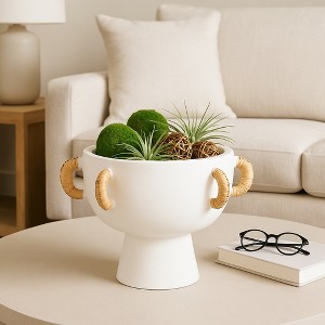 Decorative Pedestal Bowl with Woven Handles for Coffee Table Decor - Modern Centerpiece Table Decorations and Home Decor Accents - 9", White - 1 of 4