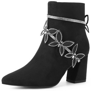 BLISSFUL STEP Butterfly Rhinestone Strap Chunky Heels Ankle Boots for Women - 1 of 4
