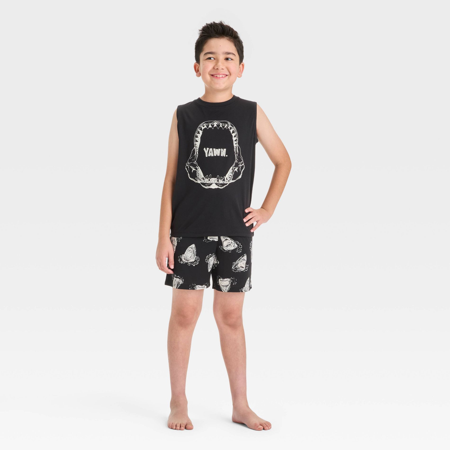 Boys' 2pc Yawn Tank Top and Pajama Set - Cat & Jack™ Black XS: Crew Neck, Sharks Pattern,