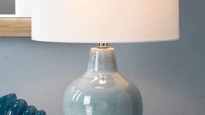 Blue Ceramic Table Lamp with White Cotton Shade and 3-Way Switch