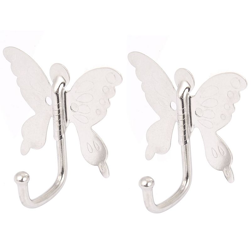 Unique Bargains Bedroom Bathroom Butterfly Style Wall Mounted Hook Hanger Silver Tone 2.8"x2.5"x1.4" 2 Pc, 1 of 5