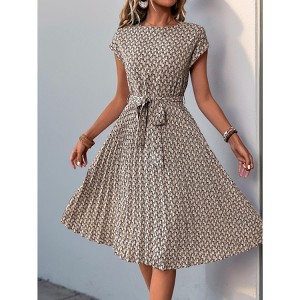 Women's Summer Dress Pleated Midi Dress 2026 Trendy Floral Casual Cap  Sleeve Boho Dress,Khaki,Medium : Target
