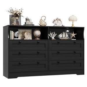 6 Drawer Dresser with RGB LED Lights & Power Outlet, Farmhouse Chest of Drawers with 2 Open Shelves, Wood Dresser TV Stand - 1 of 4