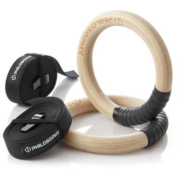 Philosophy Gym Wood Gymnastic Rings 1" or 1.25" Grip with Adjustable Straps and Grip Tape for Pull Ups, Dips, Muscle Ups