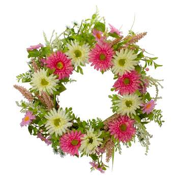 Northlight Chrysanthemum and Berry Floral Spring Wreath, Pink and Yellow 23"