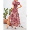 Women's Summer Short Sleeve V Neck Floral Print Irregular Hem Mid Split Button Smocked Waist Casual Swing Maxi Dress - 3 of 4