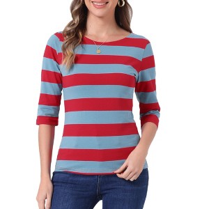INSPIRE CHIC Women's Stripes Casual Basic Elbow Sleeves Boat Neck Slim Fit T-Shirts - 1 of 4