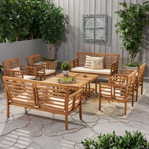 Christopher Knight Home Caydon Outdoor Acacia Wood 8 Seater Chat Set with Cushions - 1 of 4