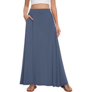 Women's 2025 Maxi A-Line Skirt - Elastic High Waist Flowy Long Skirt with Pockets Blue Gray - 1 of 4