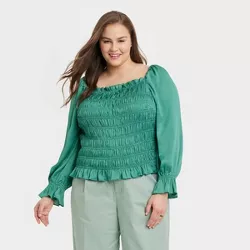Women's Plus Size Puff Long Sleeve Slim Fit Smocked Top - A New Day™ Teal Green 4X