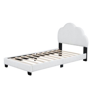 Boucle Fabric Twin Size Platform Bed with Cloud-Shaped Headboard - 1 of 4