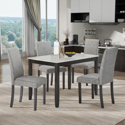 5-Piece Dining Set with Faux Marble Top: Stylish Wooden Ensemble for Kitchen or Dining Room, White + Dark Espresso