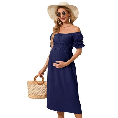 Women's Maternity Off Shoulder Dress Ruffle Short Sleeve Summer Casual Flowy Midi Dress Baby Shower Photoshoot