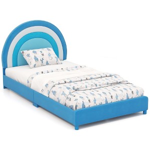 Tangkula Kids Twin Platform Bed Frame Upholstered Twin Size Bed w/ Wooden Slats Support - 1 of 4