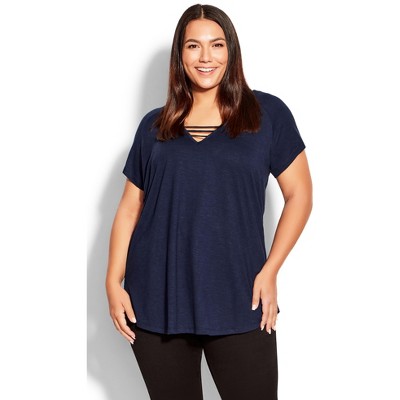 Avenue  Women's Plus Size 3 Bar V-neck Top - Navy - 26w/28w