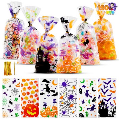 Joyfy 150Pcs Halloween Cellophane Rectangle Treat Bags,Halloween Decorations in 6 Design,Clear Candy Cookie Bag for Kids Classroom Party Supplies