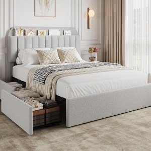 Bed Frame with Storage Headboard, Girls Bed Frame with 2 Drawers, Boucle Upholstered Platform Bed with Bookcase - 1 of 3