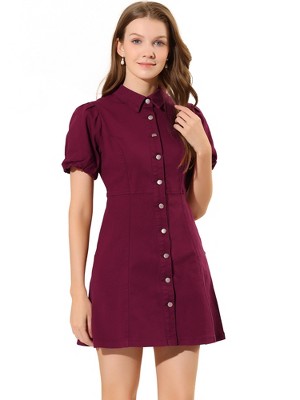 Allegra K Women's Puff Short Sleeve Collared Button Front Mini Denim Dress