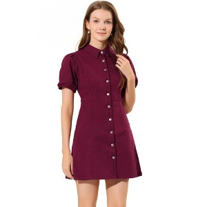 Allegra K Women's Puff Short Sleeve Collared Button Front Mini Denim Dress - 1 of 4